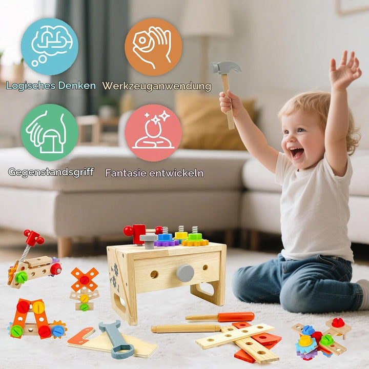 Montessori Spielzeug ab 2 3 4 5 Jahre,Holz werkzeugkoffer Kinder 29 Stück,motorikspielzeug,Hochwerti