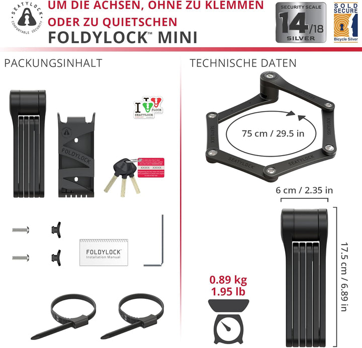 FoldyLock Mini Faltschloss mit Schlüssel - Patentiertes Testsieger Fahrradschloss mit Halterung für