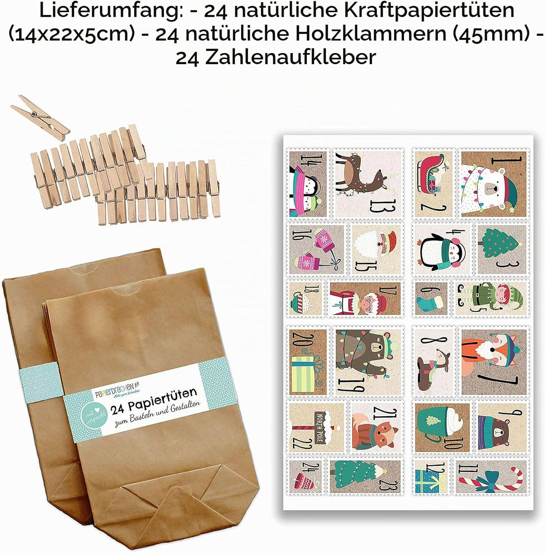 Papierdrachen Adventskalender zum Befüllen - 24 Geschenktüten und 24 Zahlenaufkleber und Klammern -