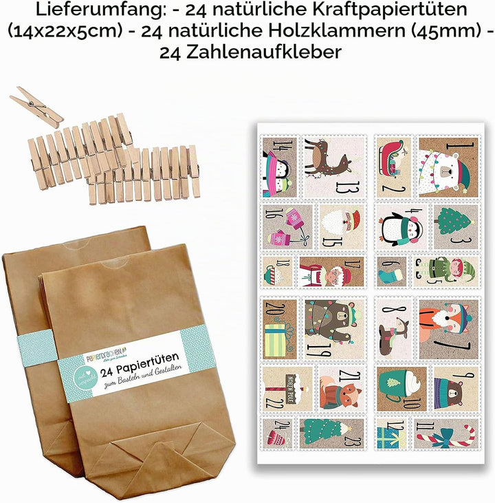 Papierdrachen Adventskalender zum Befüllen - 24 Geschenktüten und 24 Zahlenaufkleber und Klammern -