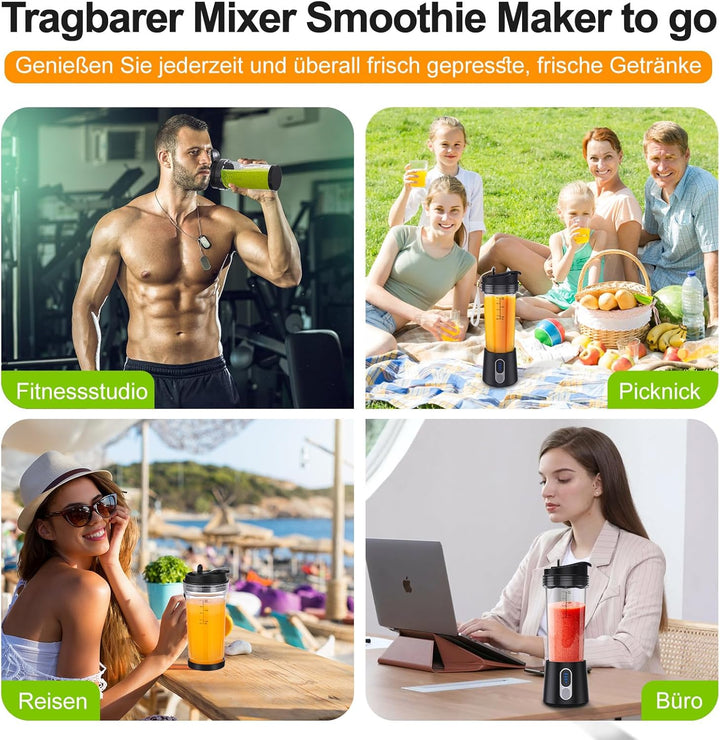 Tragbarer Mixer Smoothie Maker to go, 500ml Smoothie Mixer mit 4 Rostfreien Klingen Zerkleinert Eis