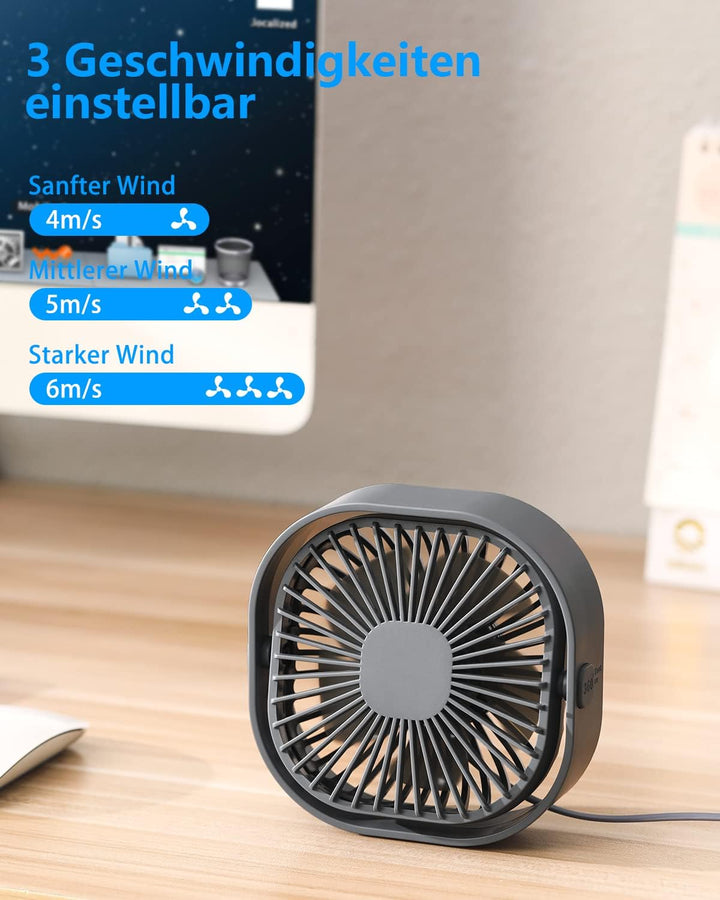 USB Tischventilator Leise Klein,360° Mini Ventilator Grow,Small Table Fan Mit 3 Stufe,BüRo Ventilato