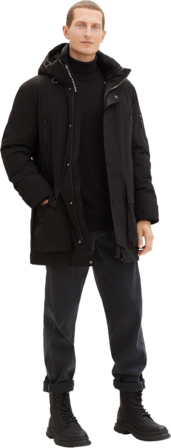 TOM TAILOR Herren Hybrid Daunenmantel mit Abnehmbarer Kapuze S 29999-black, S 29999-black