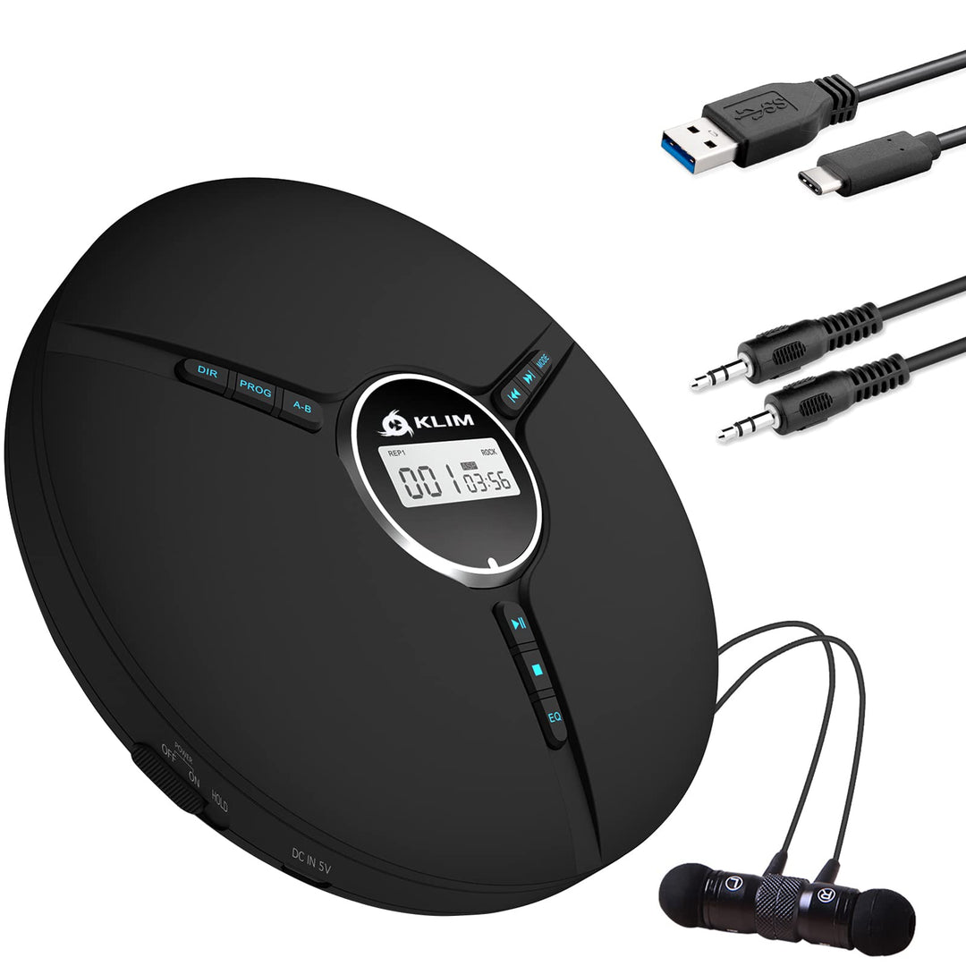 KLIM Discman - Tragbarer CD Player mit eingebautem Akku, inklusive KLIM Fusion Kopfhörer. Kompakter