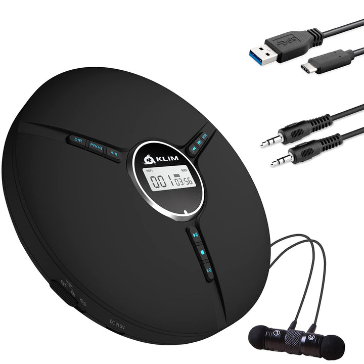 KLIM Discman - Tragbarer CD Player mit eingebautem Akku, inklusive KLIM Fusion Kopfhörer. Kompakter