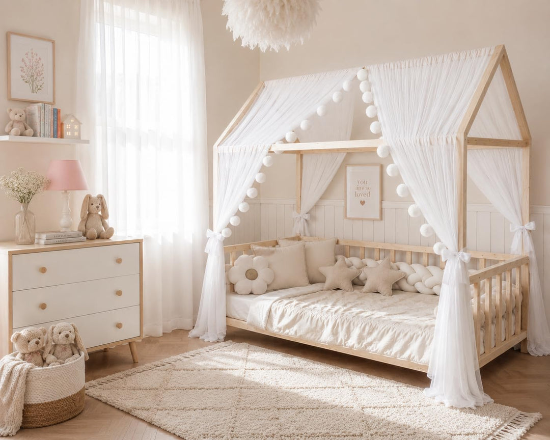 Baby Fancyroom Betthimmel für Hausbett, Bettvorhang aus Tüll, Beige, 2er Set mit Schleifen und Pompo