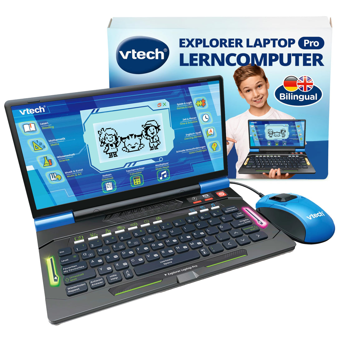Vtech Explorer Laptop Pro Blau I Lernlaptop mit 164 Spielen I Bilingual Deutsch Englisch I 8 Lernkat