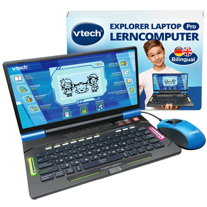 Vtech Explorer Laptop Pro Blau I Lernlaptop mit 164 Spielen I Bilingual Deutsch Englisch I 8 Lernkat