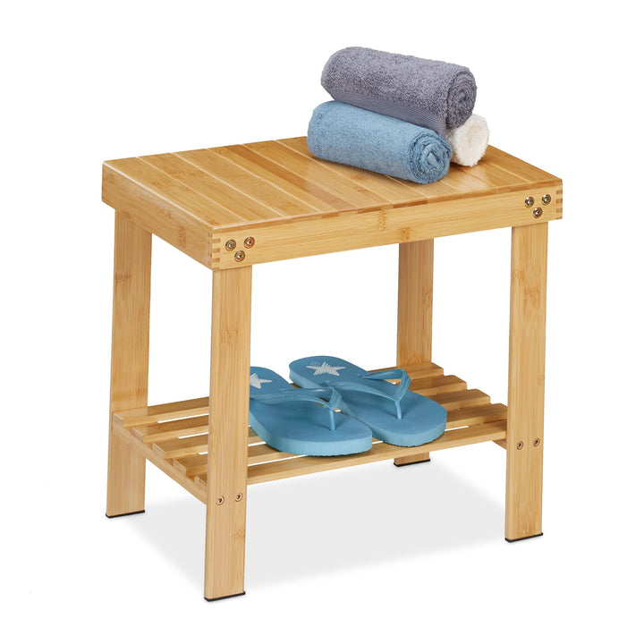 Relaxdays Badhocker aus Bambus, Sitzhocker mit extra Ablagefläche, HxBxT: 41,5 x 44 x 28 cm, Staurau