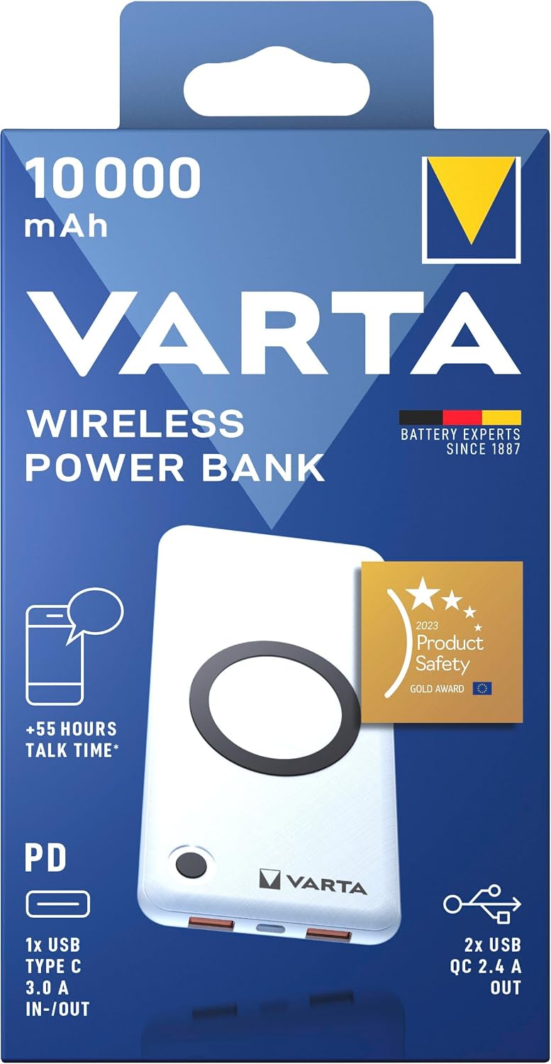 VARTA 2 in 1 Power Bank und Wireless Charger, kabelloses Ladegerät, Powerbank 10000mAh, Qi Ladestati