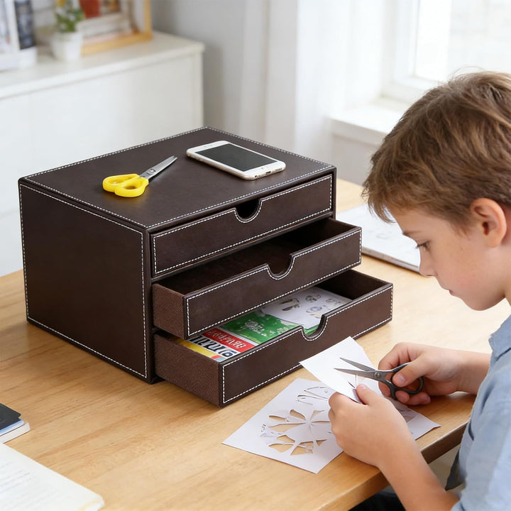 Desktop Leder Schreibtisch Schubladenbox mit 3 Schubladen a4,Aufbewahrungsbox,PU-Leder Schreibtisch