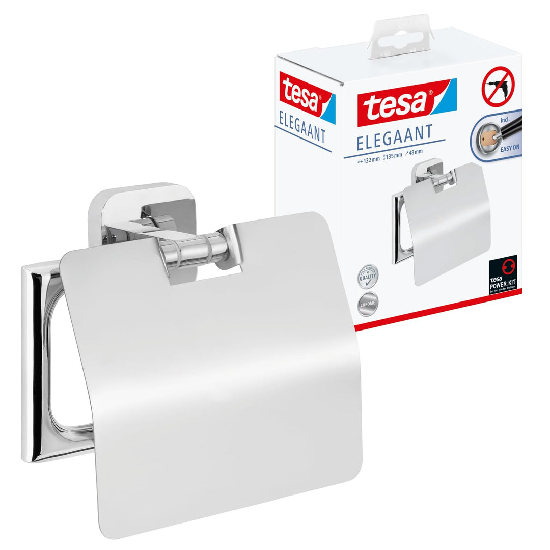 tesa ELEGAANT Toilettenpapierhalter mit Deckel, verchromt - zur Wandbefestigung ohne Bohren, inkl. K