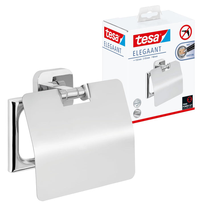 tesa ELEGAANT Toilettenpapierhalter mit Deckel, verchromt - zur Wandbefestigung ohne Bohren, inkl. K