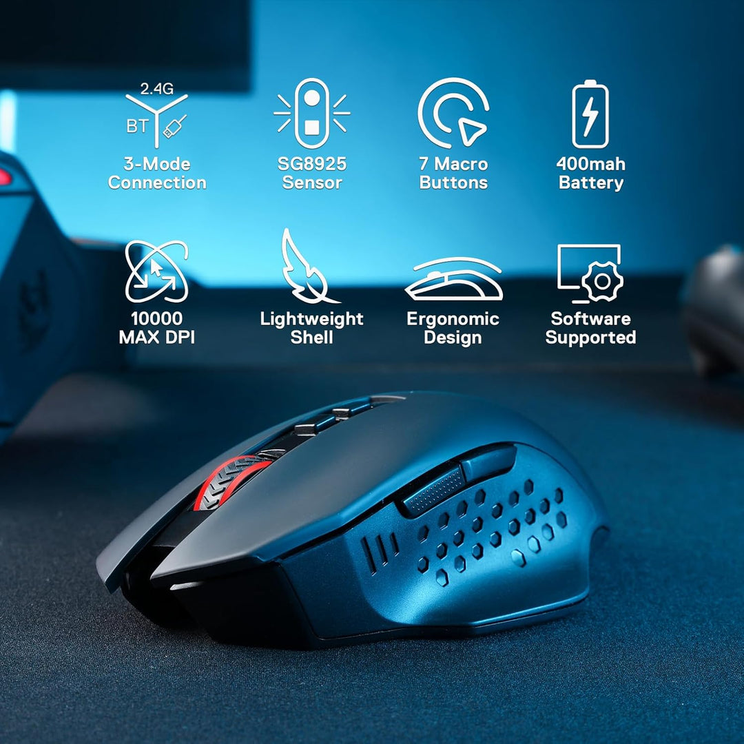 Redragon M656 MAX 3-Modi Gaming Maus, 10000 DPI wiederaufladbare Gaming Maus mit 5 DPI-Stufen, 7 Mak
