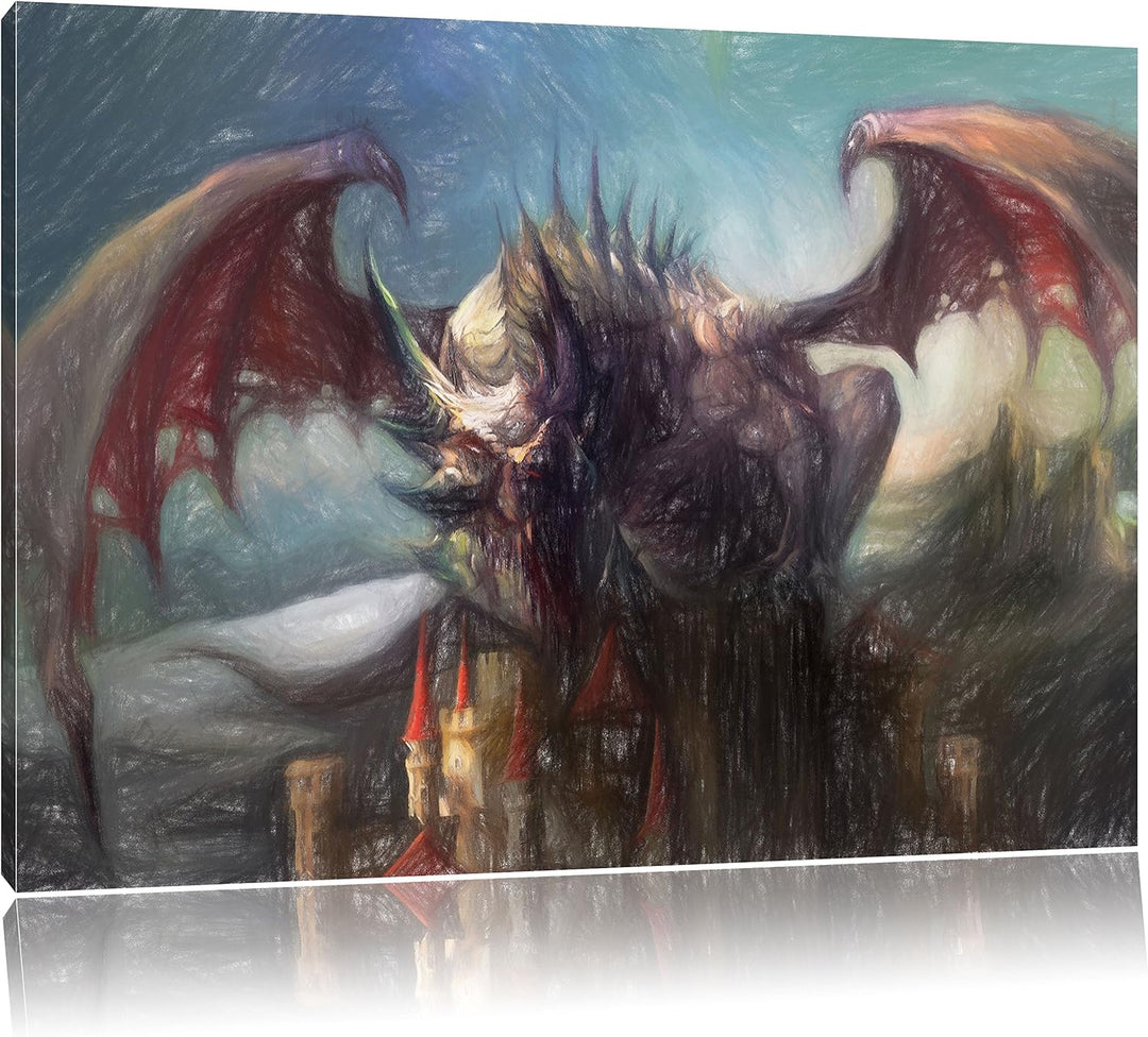 Pixxprint der Drache auf der Festung als Leinwandbild | Grösse: 100x70 cm | Wandbild | Kunstdruck |