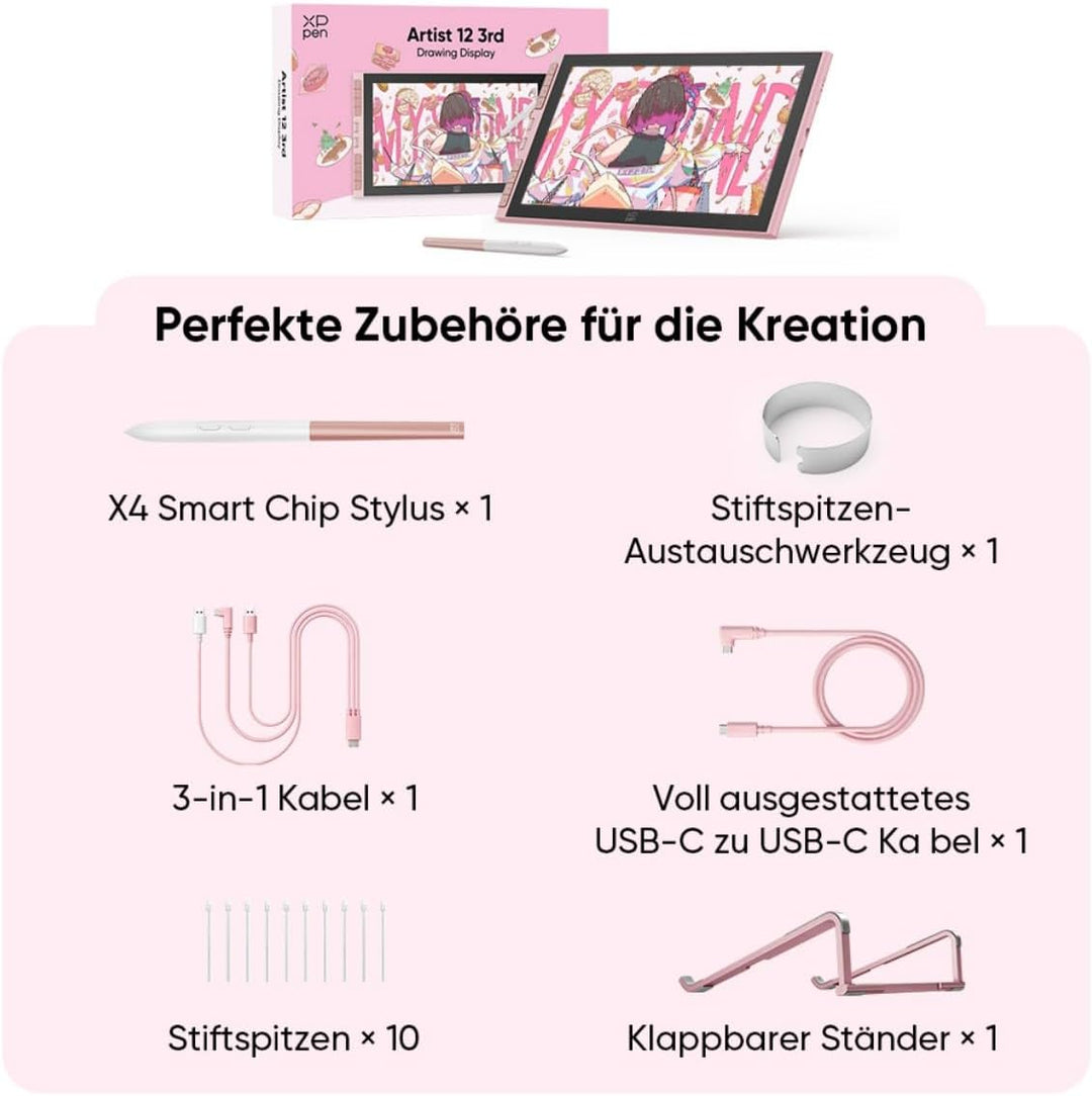 XPPen Artist 12 3rd Zeichentablet mit 11,9 Zoll Display Rosa | X4 Smart Chip Stift, 16384 Druckstufe