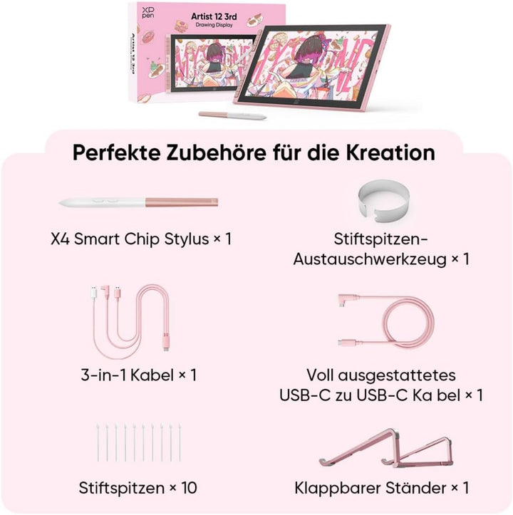 XPPen Artist 12 3rd Zeichentablet mit 11,9 Zoll Display Rosa | X4 Smart Chip Stift, 16384 Druckstufe