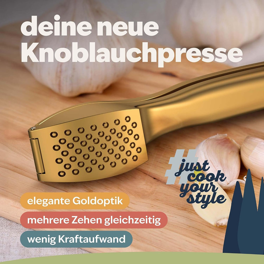 kjøk Premium Knoblauchpresse aus Zinklegierung in Gold matt - profi Knoblauch Presse spülmaschinenfe