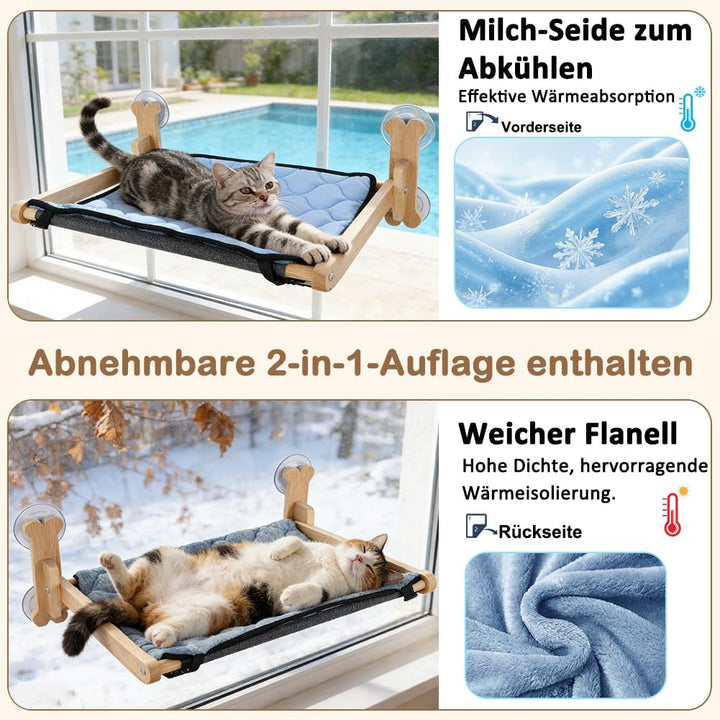 SZEE Katzen Fensterliege Massivholz mit Doppelseiten-Kissen (Ice Silk + Flanell), Katzen Hängematte