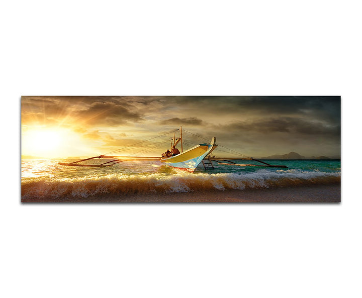 Paul Sinus Art Panoramabild auf Leinwand und Keilrahmen 150x50cm Philippinen Meer Fischerboot Sonnen