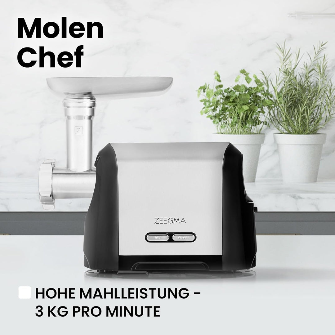 ZEEGMA Molen Chef Elektrischer Fleischwolf, 1900 W mit 3 Schleifplatten aus Edelstahl, 3 kg/min, Wur
