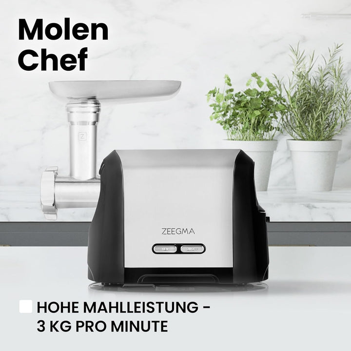 ZEEGMA Molen Chef Elektrischer Fleischwolf, 1900 W mit 3 Schleifplatten aus Edelstahl, 3 kg/min, Wur