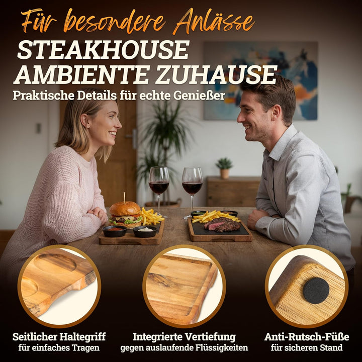 LIKAYA Steak- & Servierbrett 2er-Set aus FSC Akazienholz mit Schieferplatte & Dipschalen – Grillbret