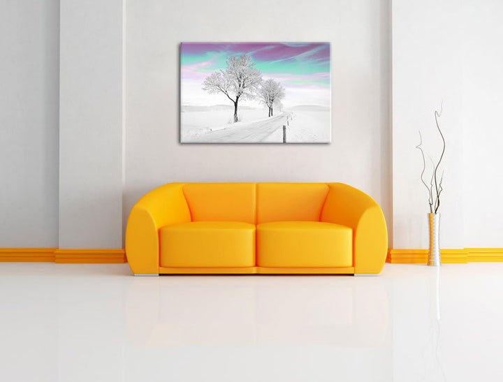 Schneebedeckter Baum in schöner Winterlandschaft schwarz/weiss Format: 100x70 auf Leinwand, XXL ries