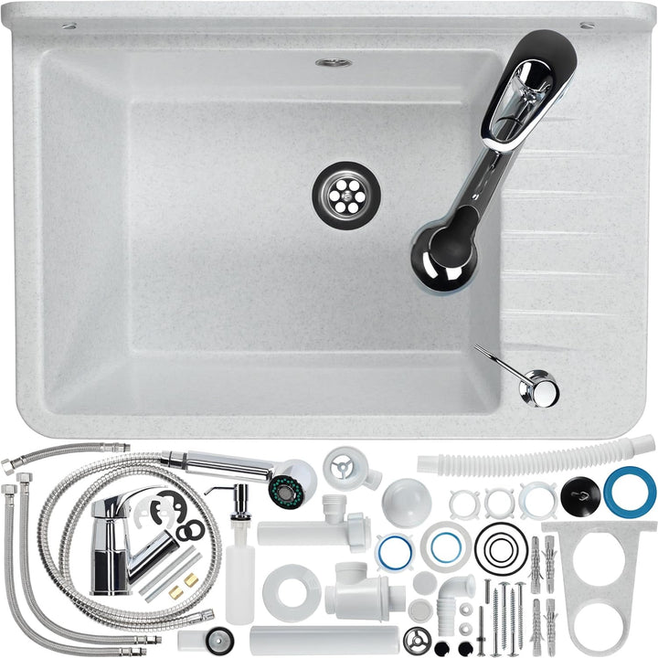 GOSPO Ausgussbecken aus Polypropylen, 50,5 x 34 x 26,5 cm, Spülbecken mit Armatur, Siphon, Seifenspe