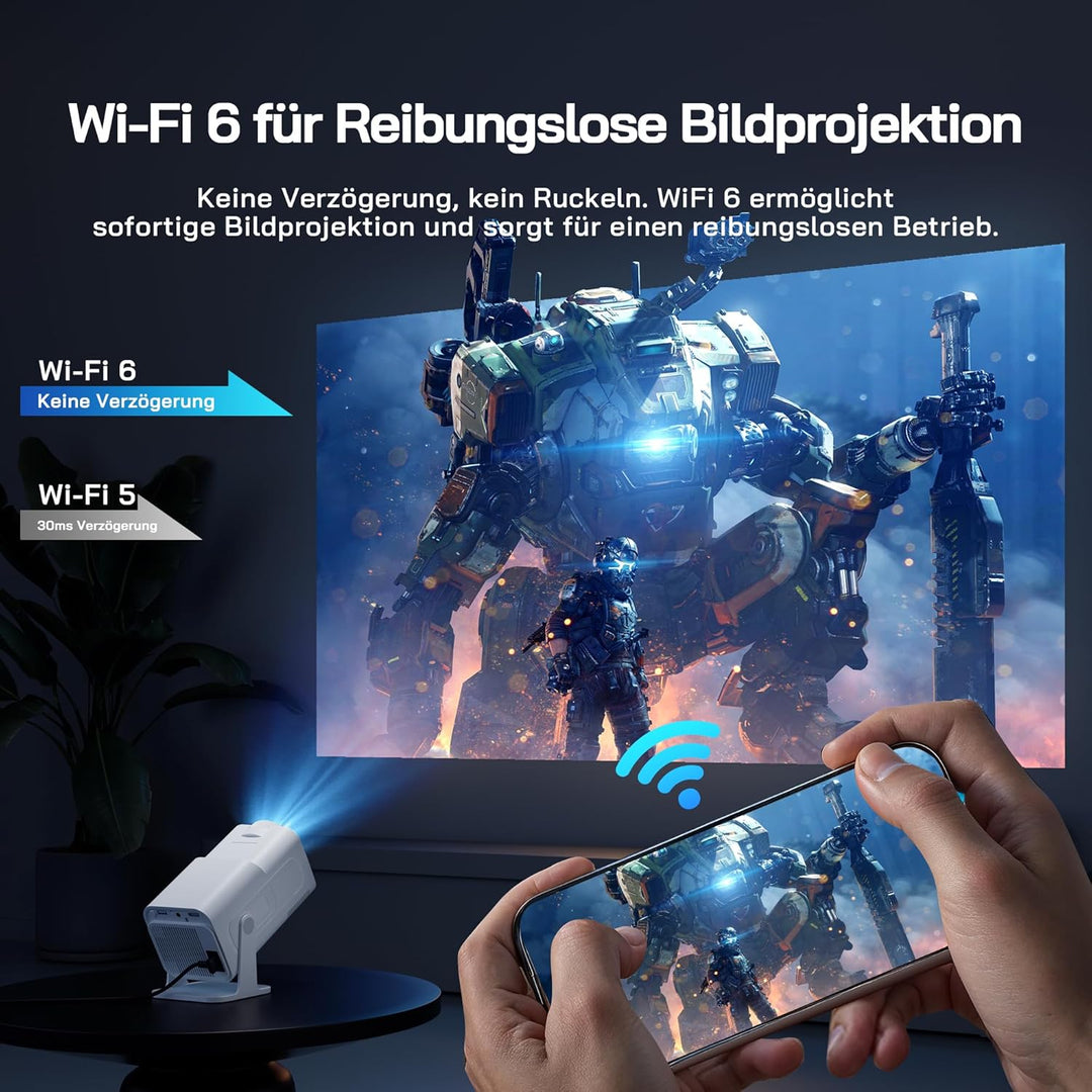 WOLFANG 4K Mini Beamer mit Offiziellem Netflix, 26000 Lumen WiFi 6 Smart Projektor mit 50% Zoom & Tr