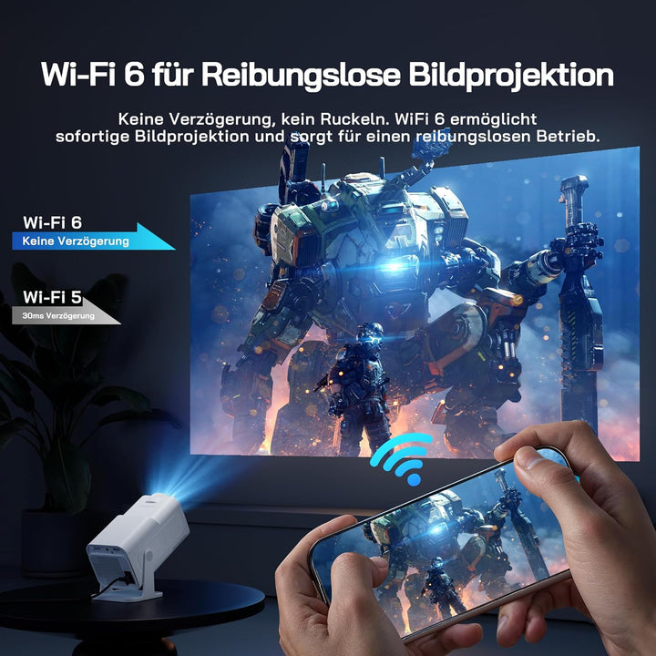 WOLFANG 4K Mini Beamer mit Offiziellem Netflix, 26000 Lumen WiFi 6 Smart Projektor mit 50% Zoom & Tr