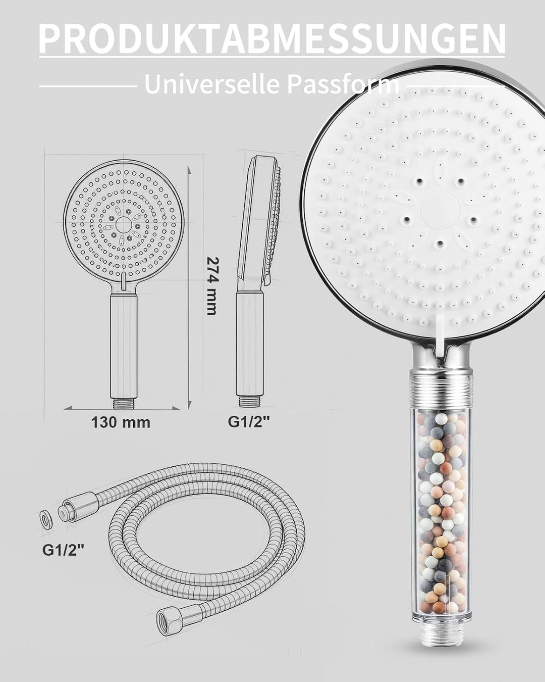 OFFO Filter Duschkopf mit Schlauch 1.6m, 13cm Duschkopf Gross mit Filtration in 20 Schichten, Handbr