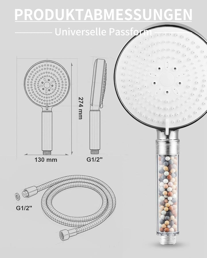 OFFO Filter Duschkopf mit Schlauch 1.6m, 13cm Duschkopf Gross mit Filtration in 20 Schichten, Handbr