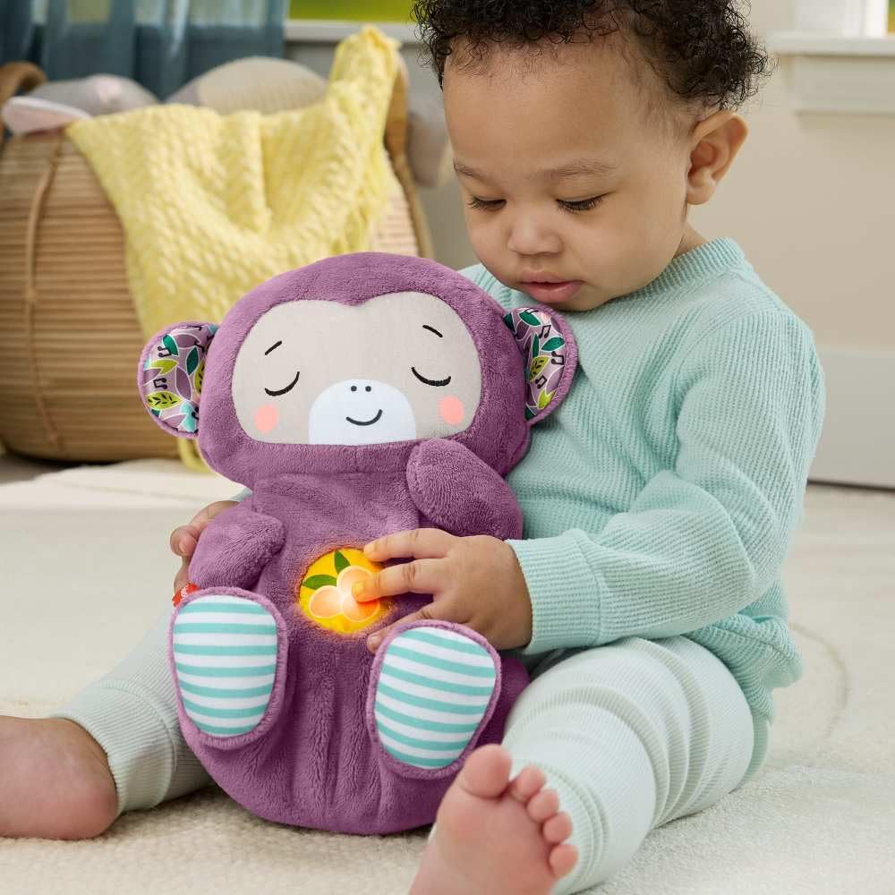 Fisher-Price Baby-Spielzeug Lila Schlummer-Affe, tragbare Plüsch-Spieluhr mit Atembewegungen und Lic