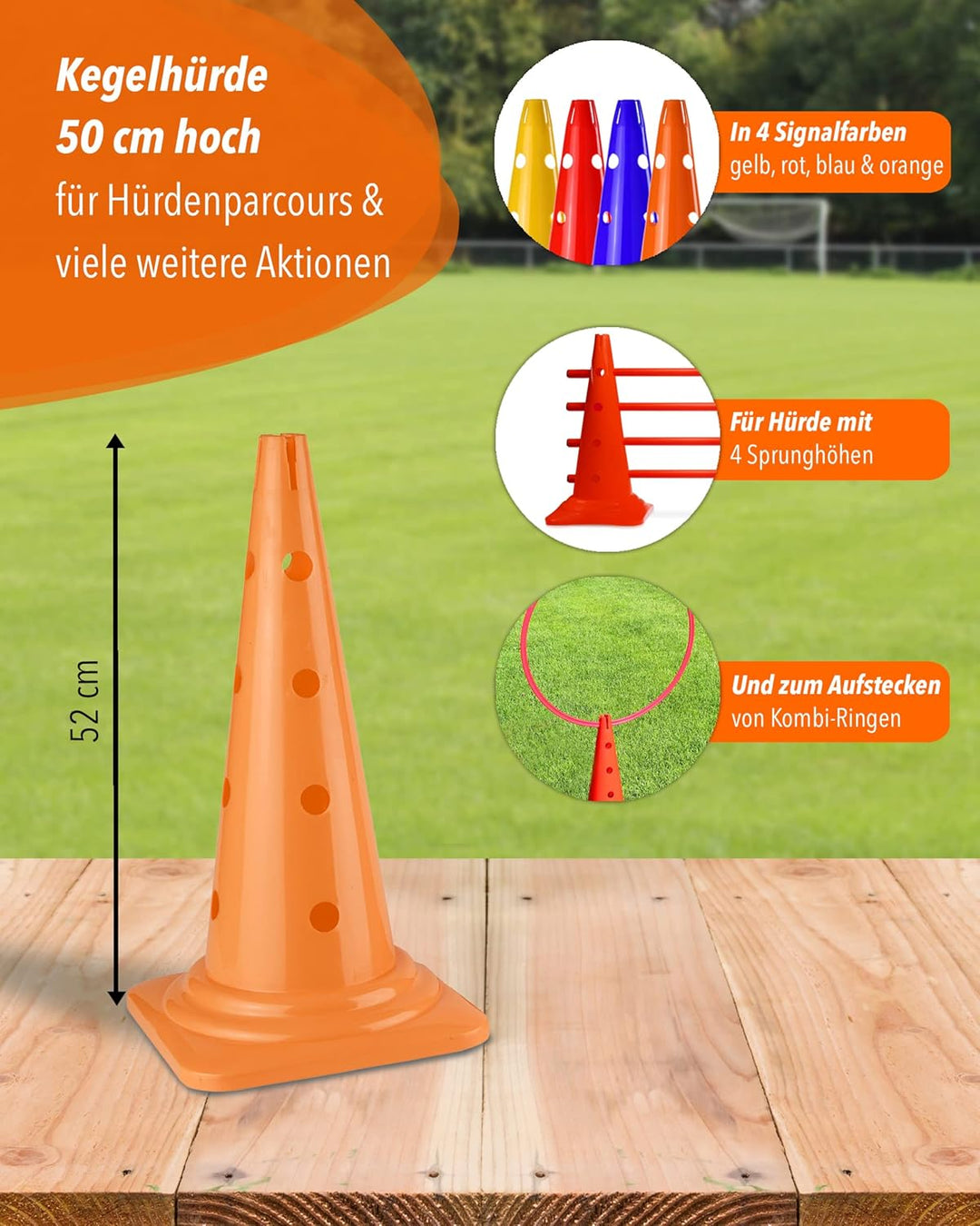 Kombi Kegel 50 cm – 4 im Set – Parcours-Hindernis für Agility-Training – Sprung- & Slalom-Hütchen fü