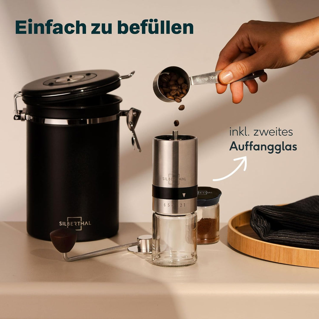 SILBERTHAL Kaffeemühle Manuell Kegelmahlwerk - Verstellbarer Mahlgrad - Handmühle aus Edelstahl und