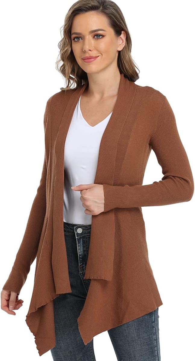 Dilgul Damen Cardigan Elegant Langarm Open Front Unregelmässiger Saum Strickjacke Pullover 34 Kamel,