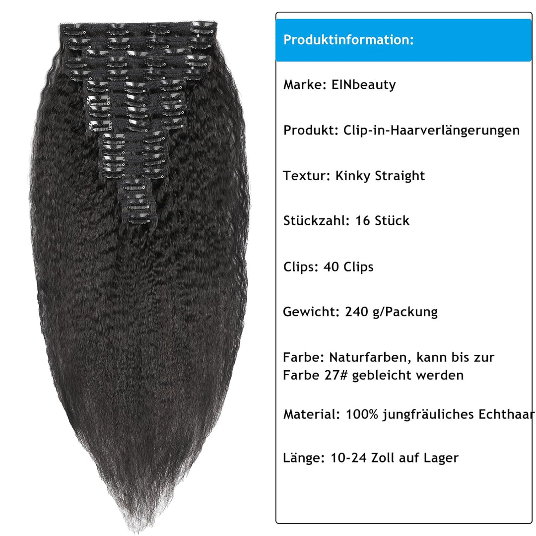 Kinky Straight Clip in Extensions Echthaar.16 Teile 240 g.Invisible Echthaar Perücke Extensions Clip