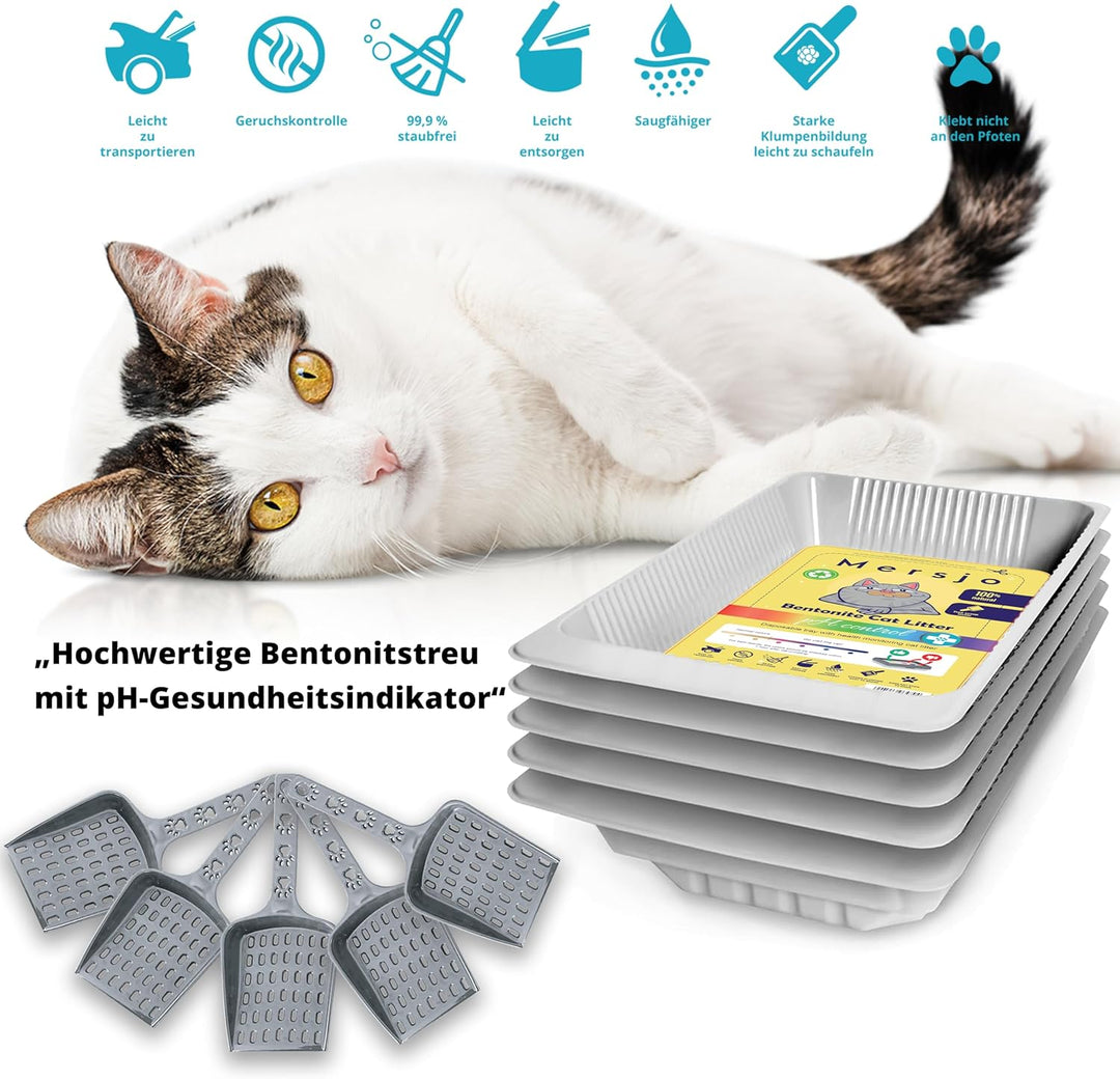 Einweg-Katzenstreu Set, 5x2,7l Bentonit-Streu mit pH-Indikator, Schale und Kehrblech, 5x2,7L