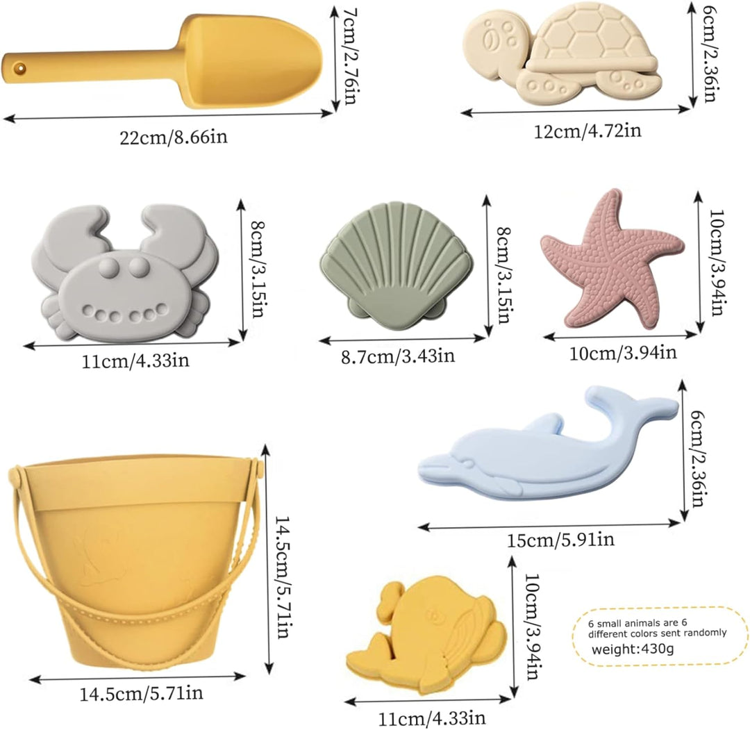 Sandspielzeug für Kinder, 8 Stück, sicheres Silikon-Strandspielzeug mit Schaufel, Eimer und Sandform