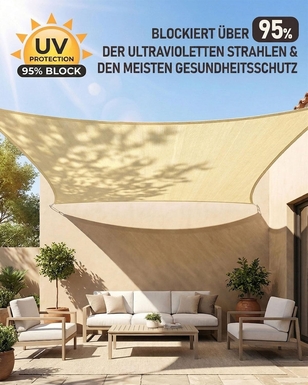 Sonnensegel Rechteckig 2x3m mit Befestigungsset, HDPE Gewebe wasserdicht und reissfest, UV-Schutz, w