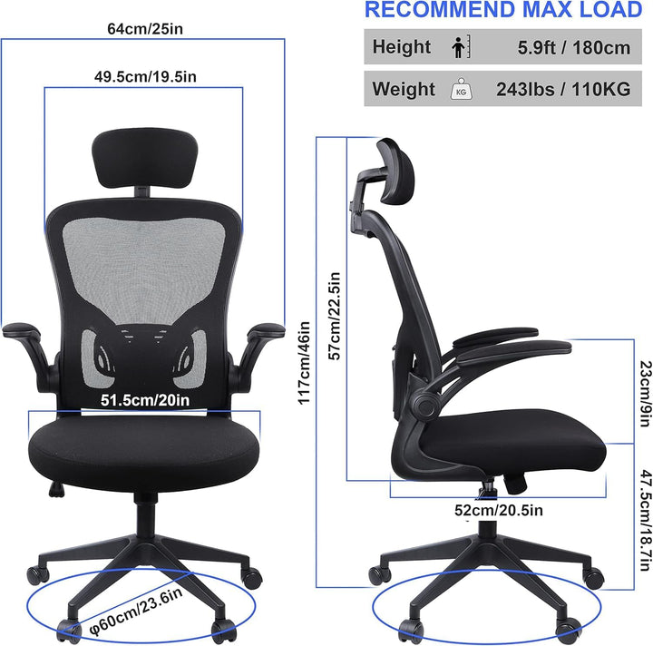 JAJALUYA Bürostuhl Ergonomisch Computerstuhl mit Verstellbarer Kopfstütze und Lordosenstütze Schreib