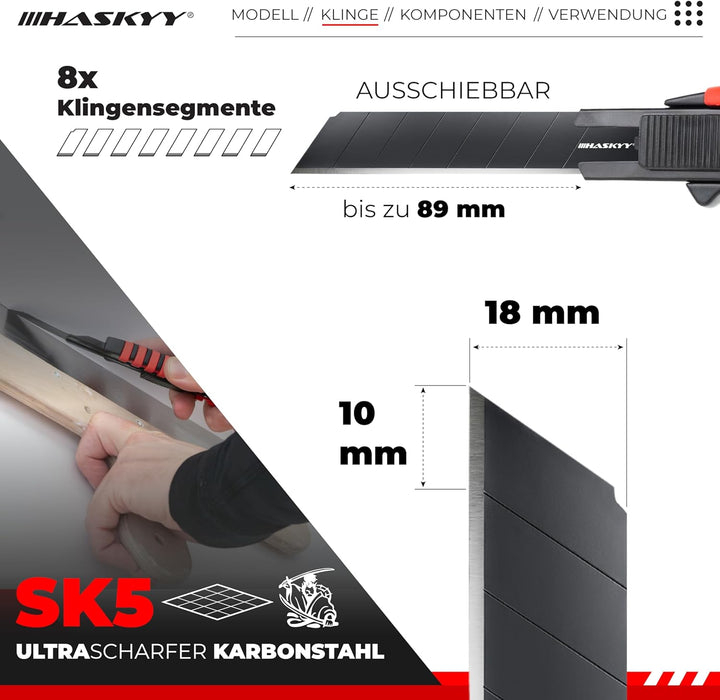 HASKYY Cuttermesser Teppichmesser Universal Professional Set 3 Stück inkl. 20 SK5-Hochkarbonstahl Kl