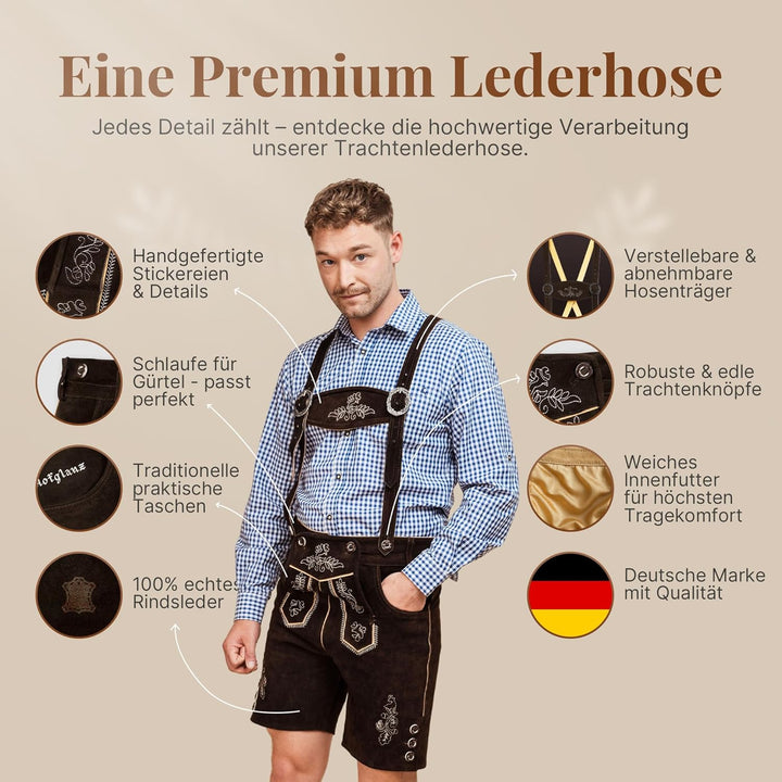 HOFGLANZ® Trachten Lederhose Herren Kurz - Hochwertige Trachtenhose für Herren mit Hosenträgern - Tr