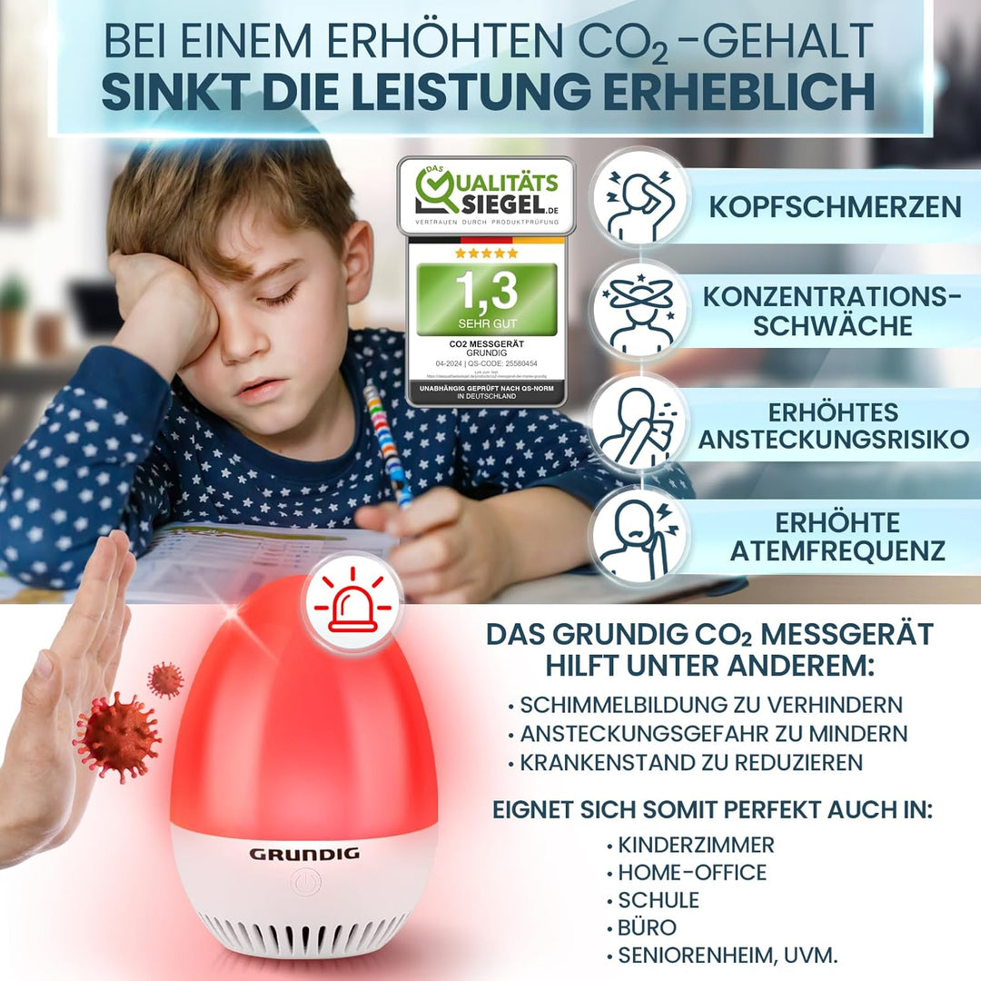 GRUNDIG CO2 Messgerät Ampel - Kalibrierungsautomatik, Akku Betrieb, Signal für Stosslüften - mobiles