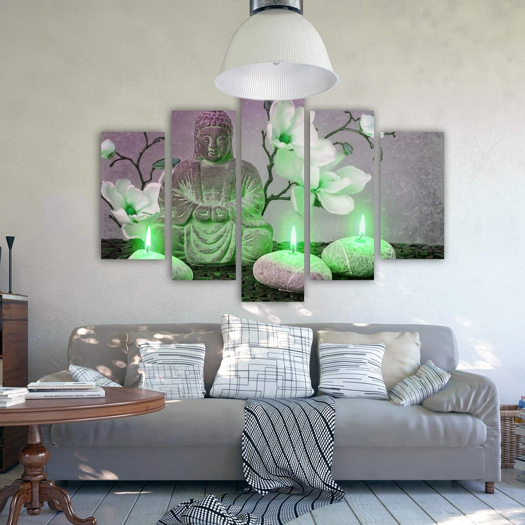 Feeby Bilder Buddha 300x140 cm Leinwandbild 5 Teilig XXL Kunstdruck modern Kerzen grün Leinwandbild