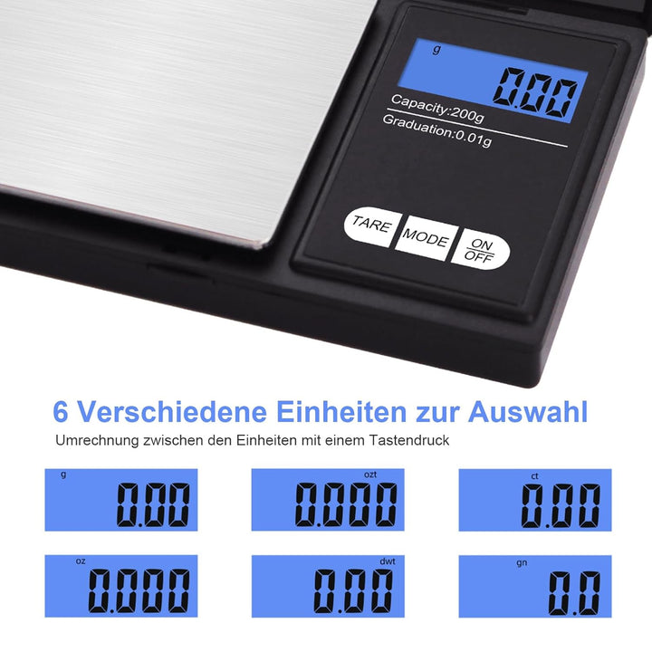 Digitale Grammwaage,200g 0.01g/0.001oz Gewichtswaage Gramm und Unze,Elektronische Smart Mini-Taschen