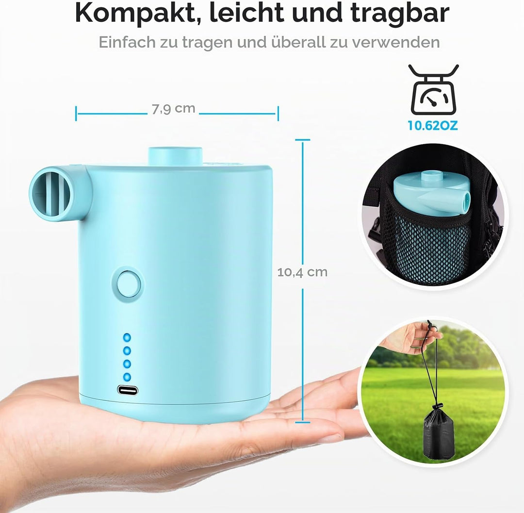 BOSONER Elektrische Luftpumpe mit Akku: 4000 mAh, wiederaufladbare Luftpumpe mit 3 Luftdüsen – schne