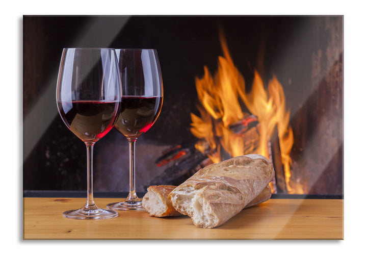 Pixxprint Glasbild | Wandbild aus Echtglas | Zwei Gläser Wein mit Baguette | 80x60 cm | inkl. Aufhän