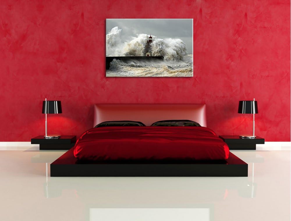 Leuchtturm im Sturm Format: 100x70 auf Leinwand, XXL riesige Bilder fertig gerahmt mit Keilrahmen, K